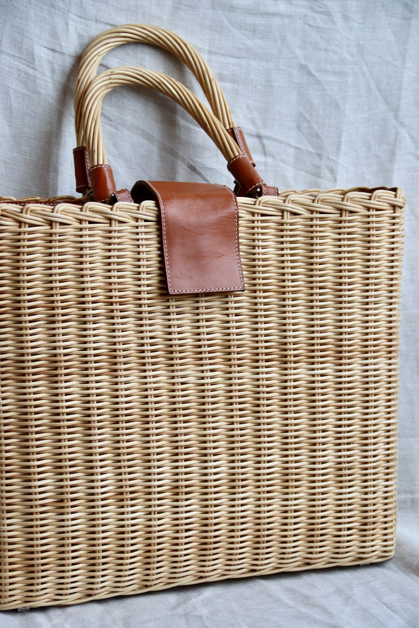 Lambertson Truex Leather Trimmed Woven Wicker Bag