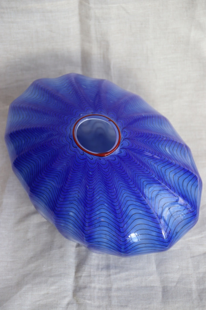 Blue Studio Art Glass Ruffled Oval Vase