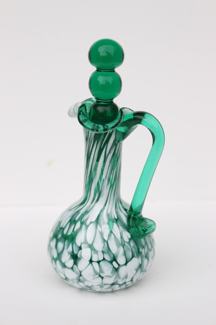 Dark green and white spatter glass cruet hand blown with glass stopper