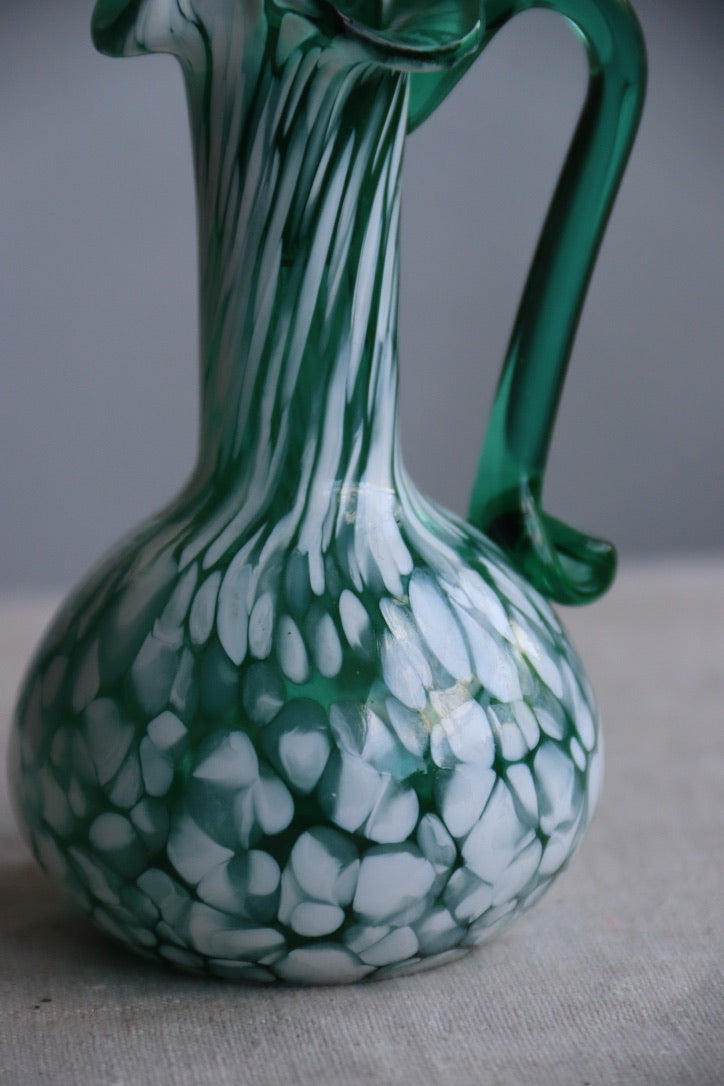 Dark green and white spatter glass cruet hand blown with glass stopper