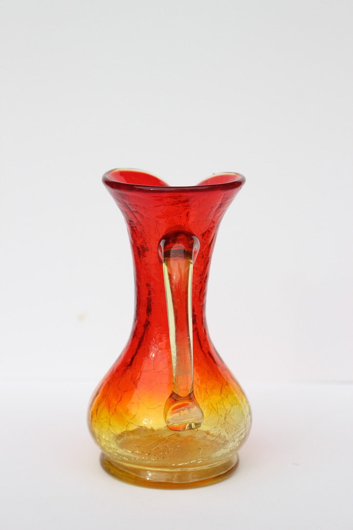 Crackle red and orange vase with handle