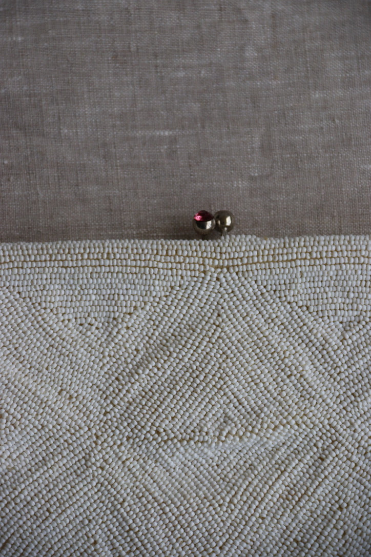 White Beaded Kisslock Clutch with Pink Rhinestones