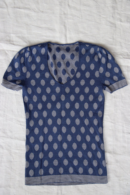 Armani Blue and Grey Polka Dot Silk and Cashmere Short Sleeve Sweater