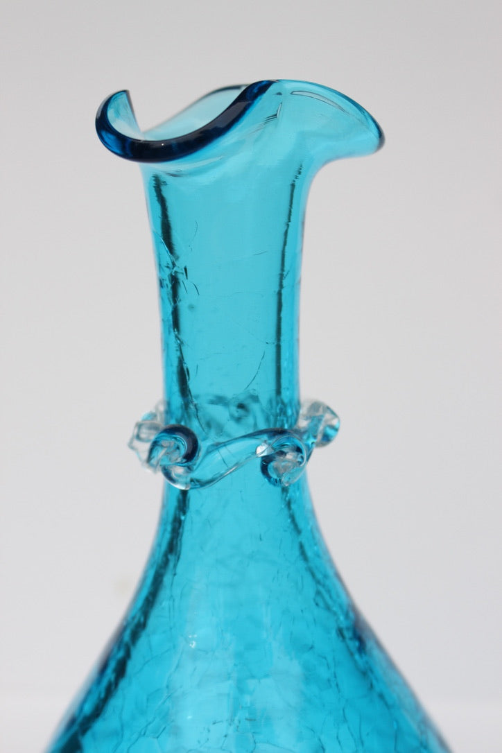Crackle bright blue hand blown vase