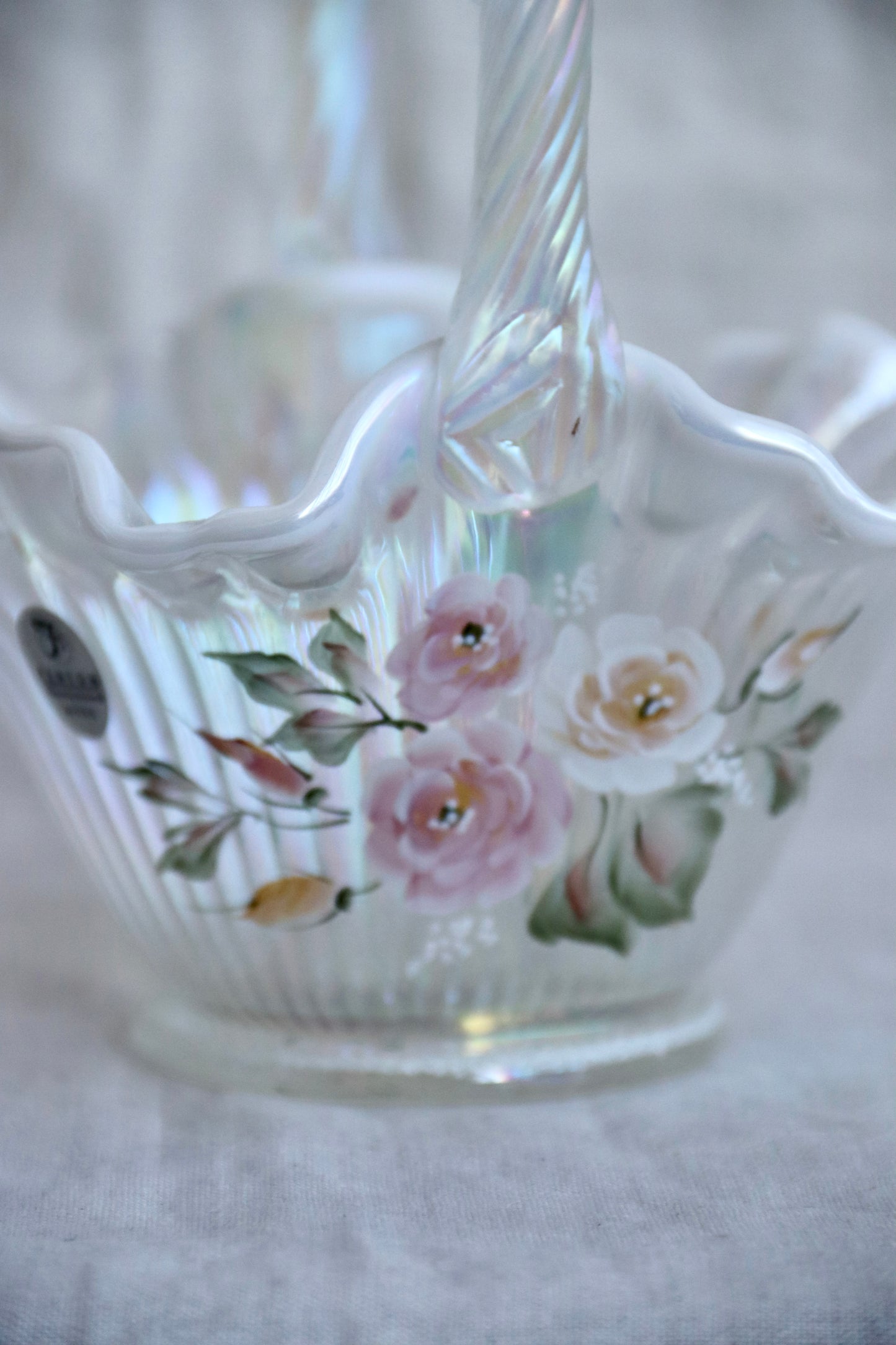 Fenton Signed Hand Painted Iridescent Glass Basket