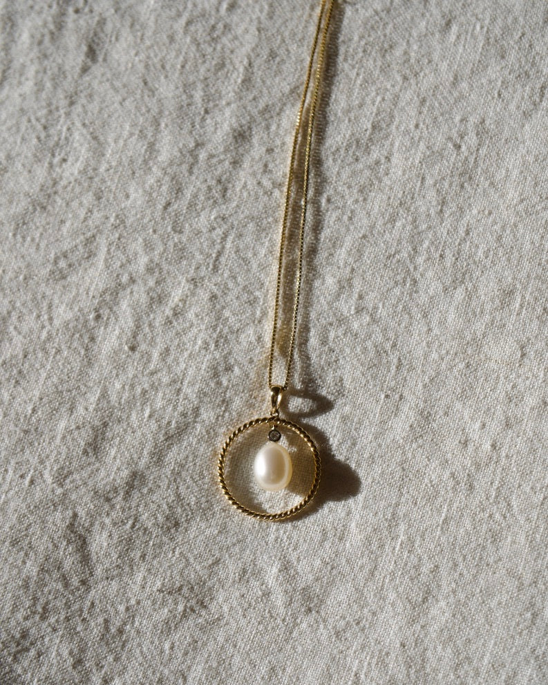 Pearl and Diamond Circle Drop Pendant on Sterling Chain Necklace - 10K