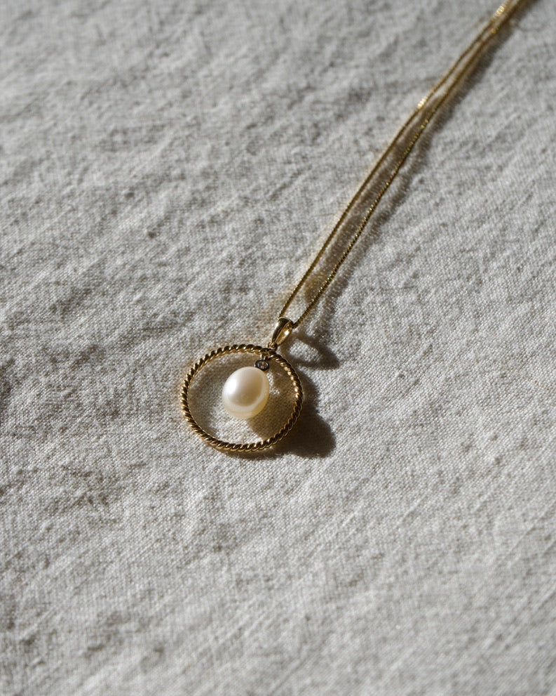 Pearl and Diamond Circle Drop Pendant on Sterling Chain Necklace - 10K