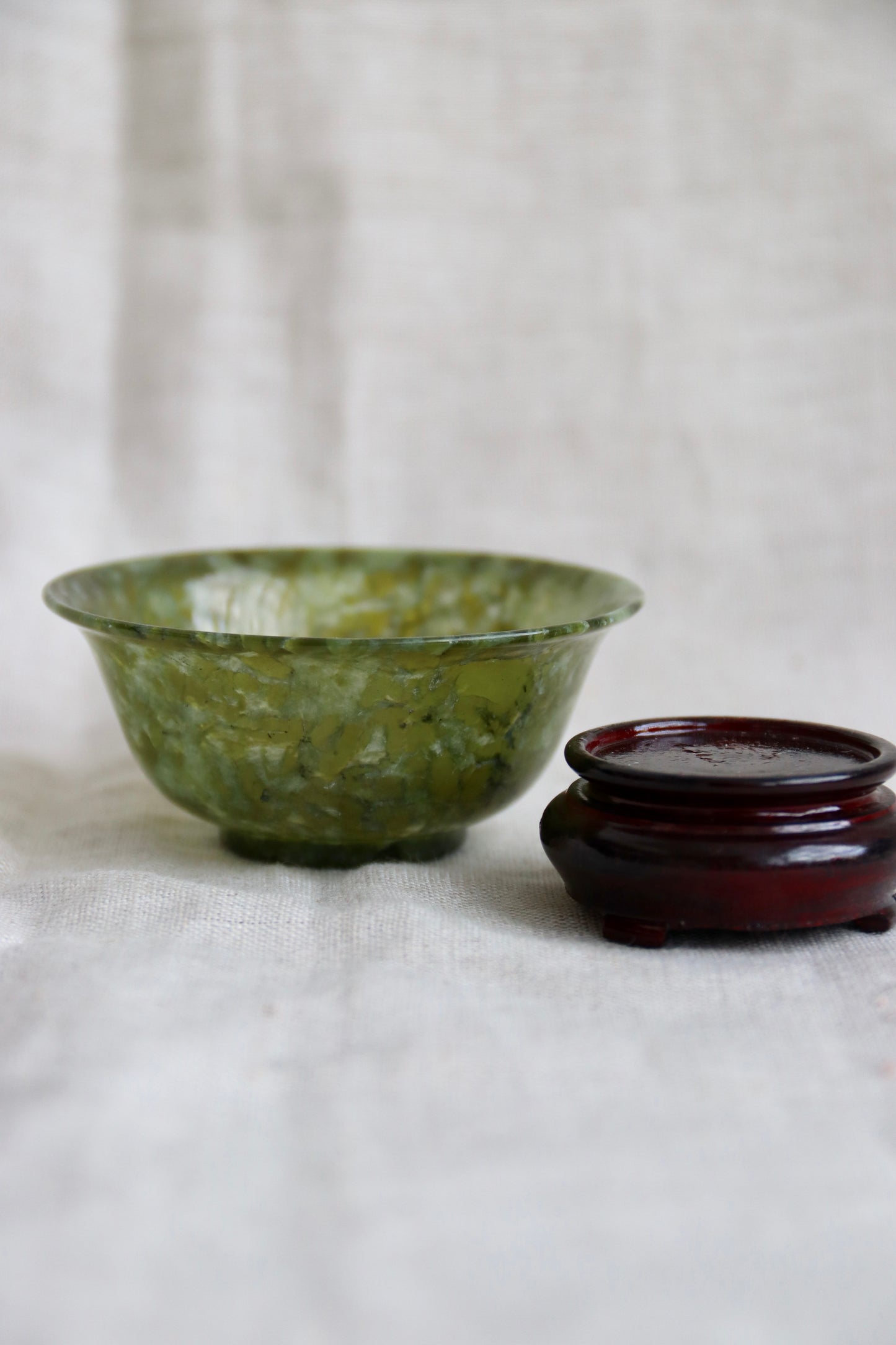 Antique Mini Spinach Jade Bowl with Stand