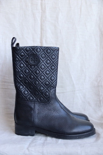 Tory Burch "Marion" Quilted Black Boots