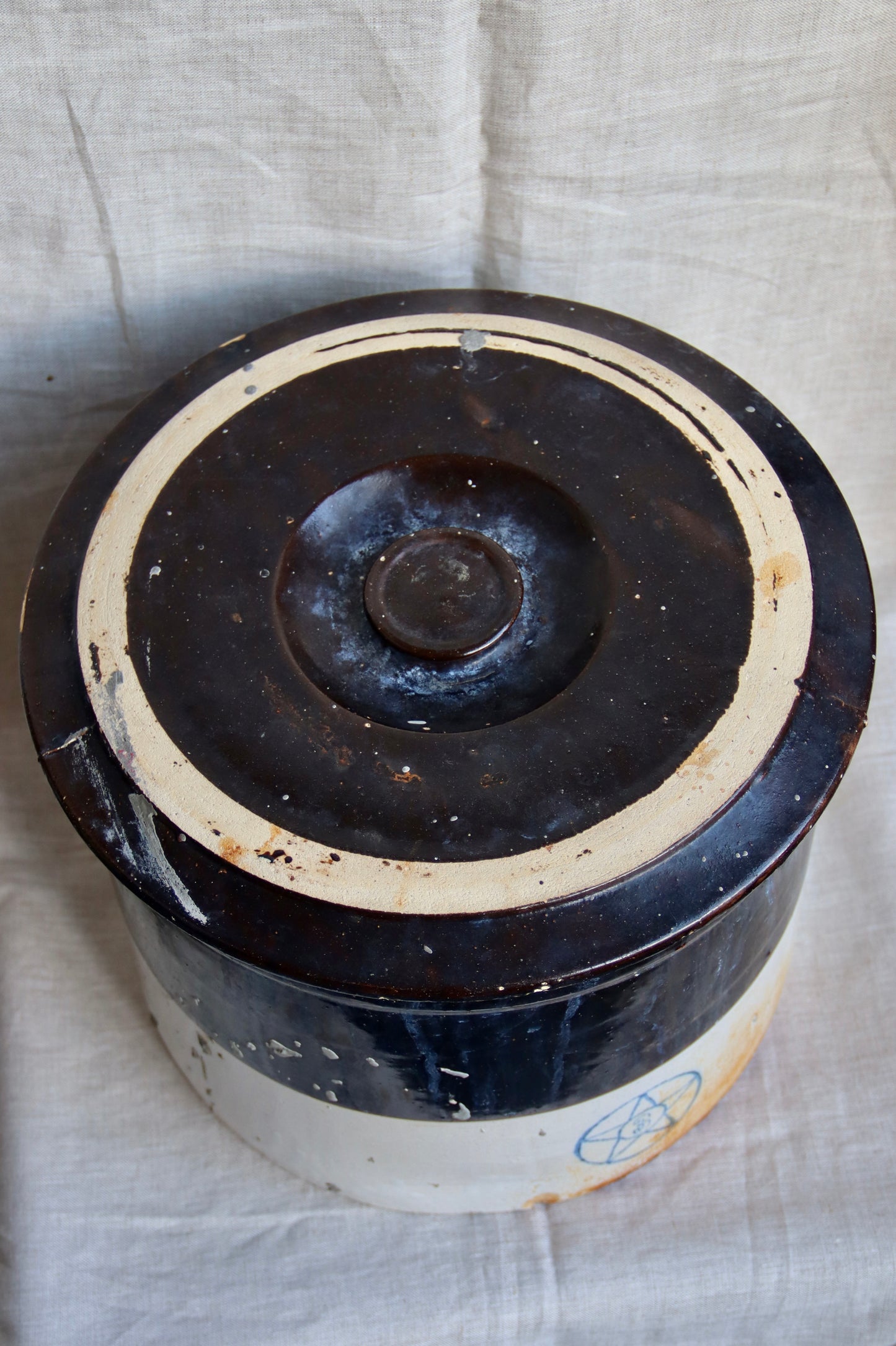 Vintage Large Robinson Crown Stoneware Container with Lid - Brown Stripe