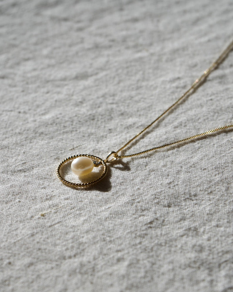 Pearl and Diamond Circle Drop Pendant on Sterling Chain Necklace - 10K