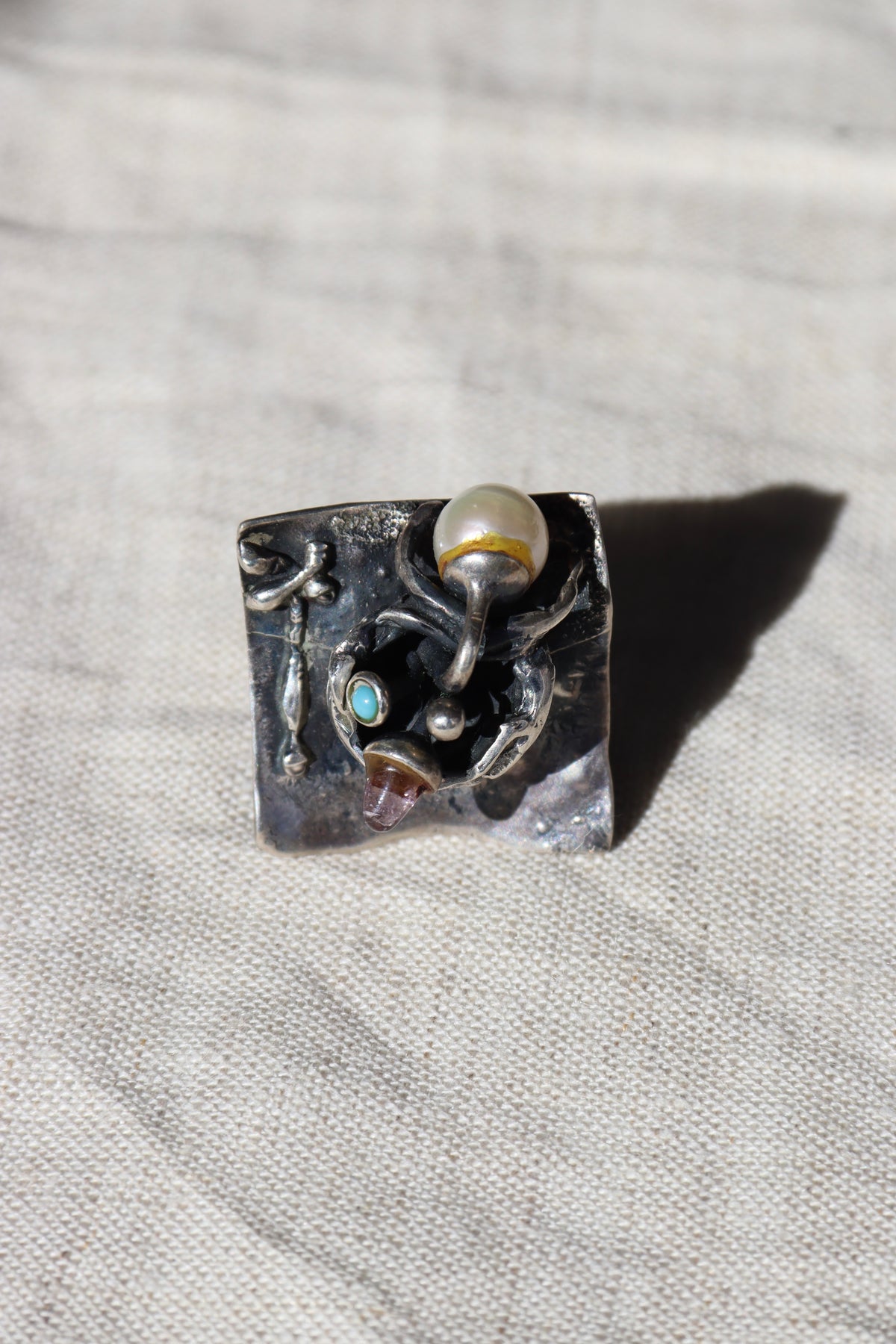 Winifred Wager Sterling Silver Abstract Ring with Amethyst, Turquoise, and Pearl