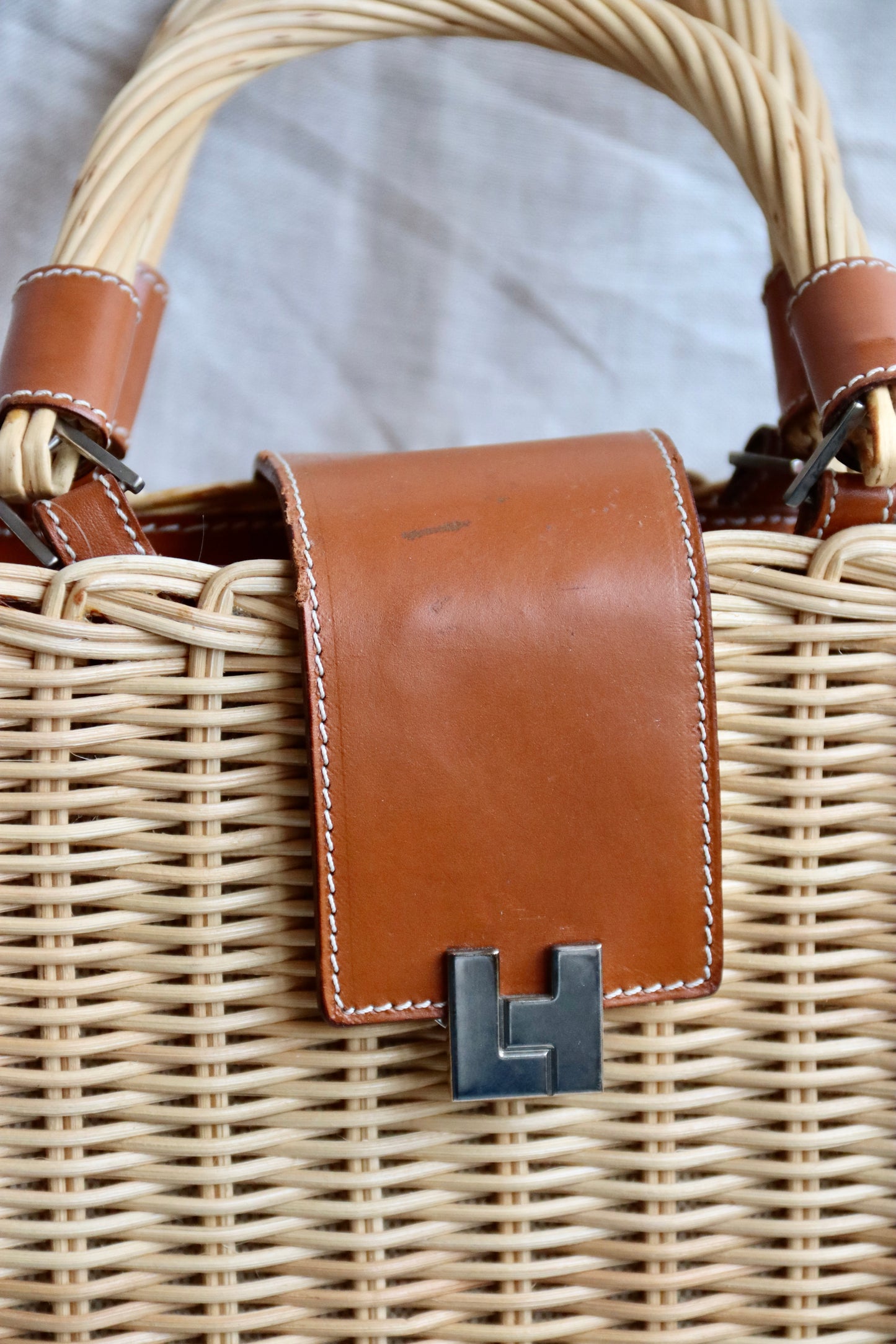 Lambertson Truex Leather Trimmed Woven Wicker Bag