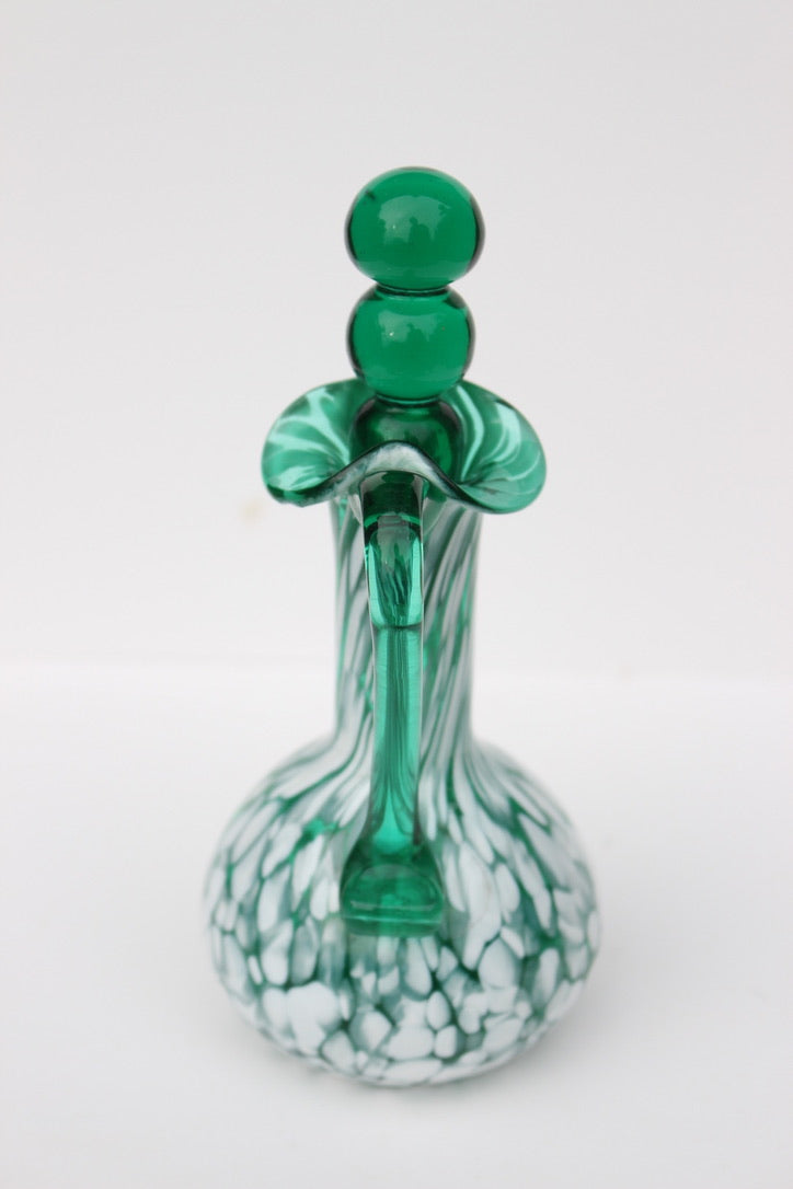 Dark green and white spatter glass cruet hand blown with glass stopper