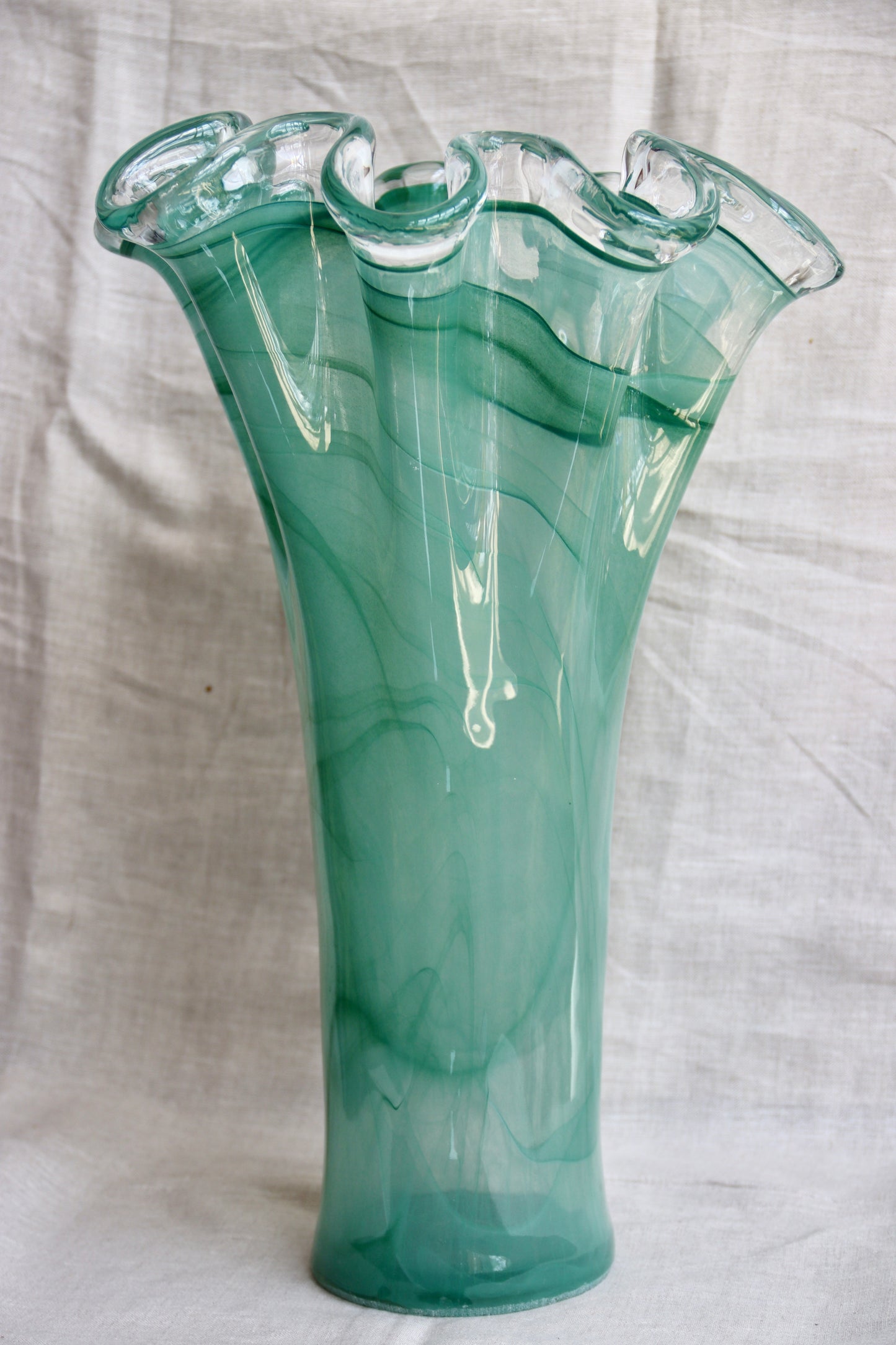 Large Hand Blown Blue Glass Ruffle Vase