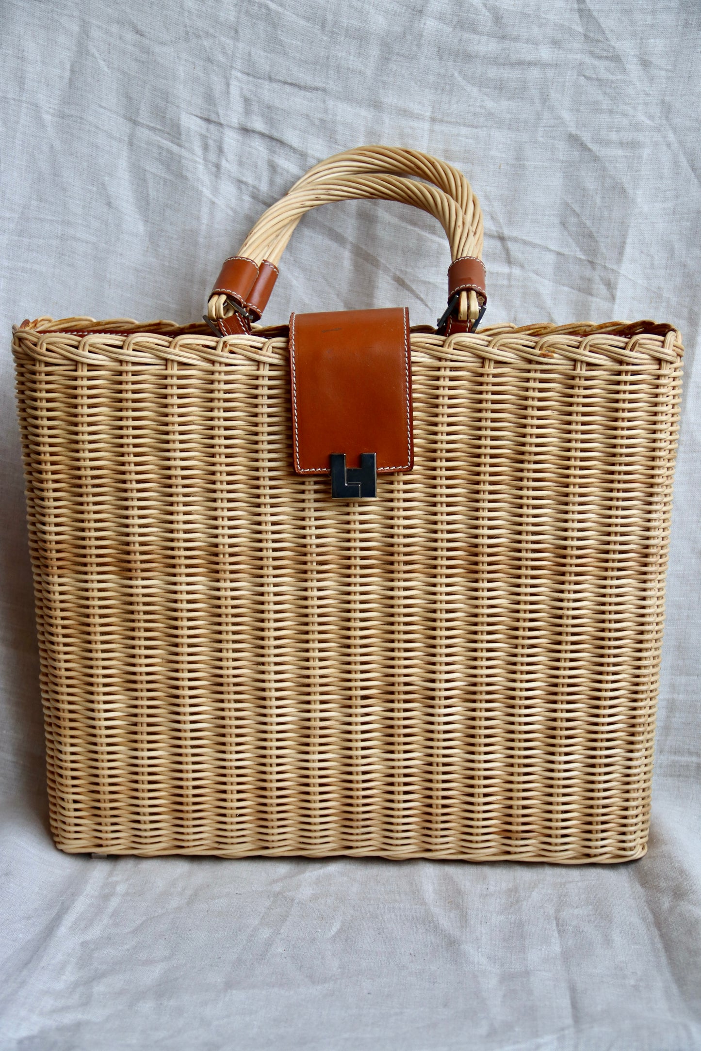 Lambertson Truex Leather Trimmed Woven Wicker Bag