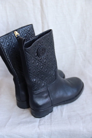 Tory Burch "Marion" Quilted Black Boots