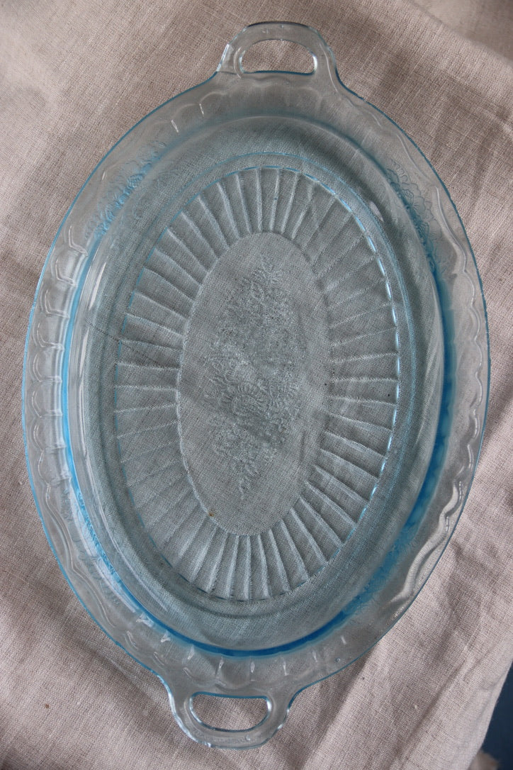 Anchor Hocking Blue Glass Handled Platter