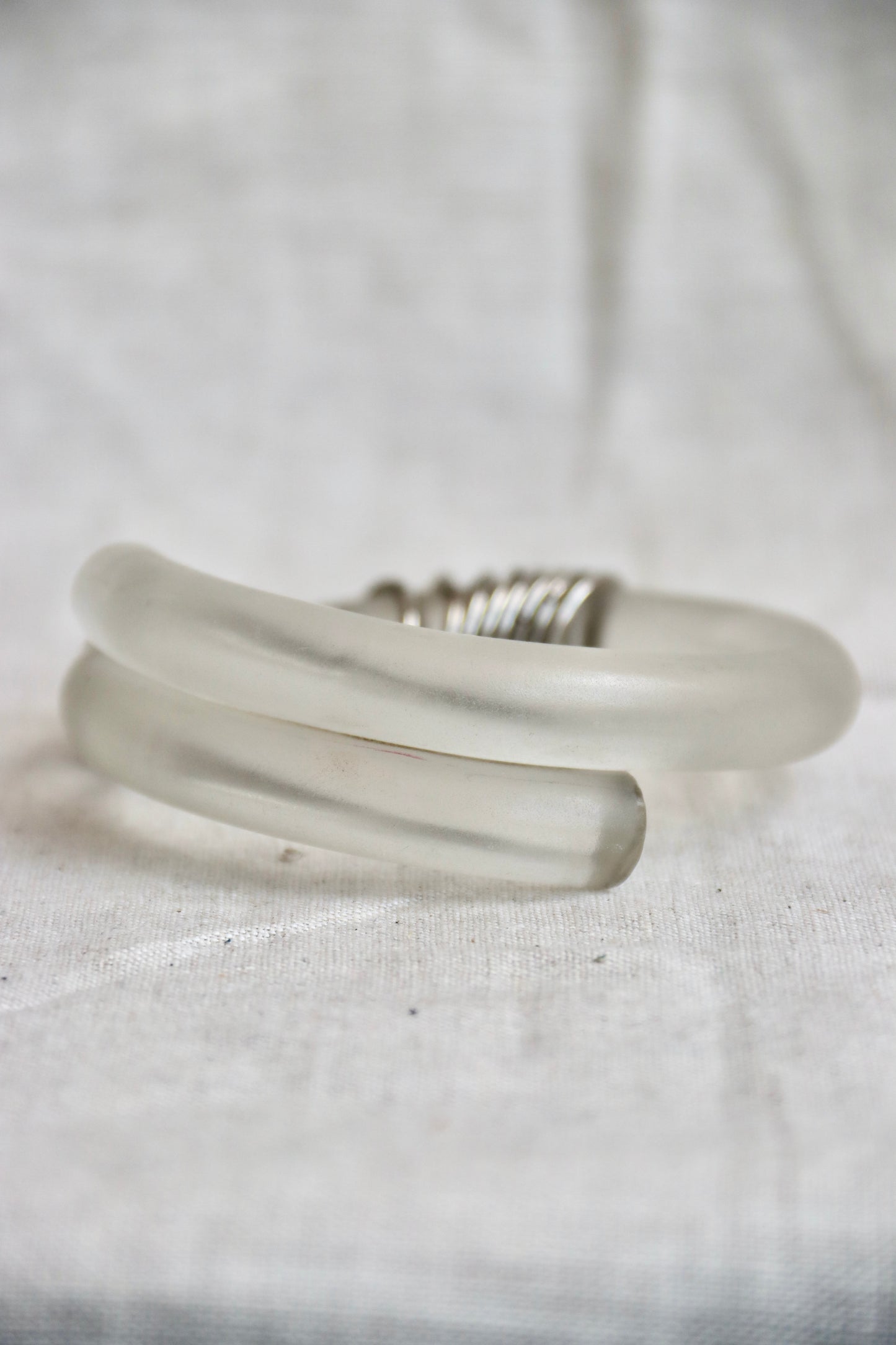 Frosted Lucite Bypass Bangle Bracelet with Silver Rings