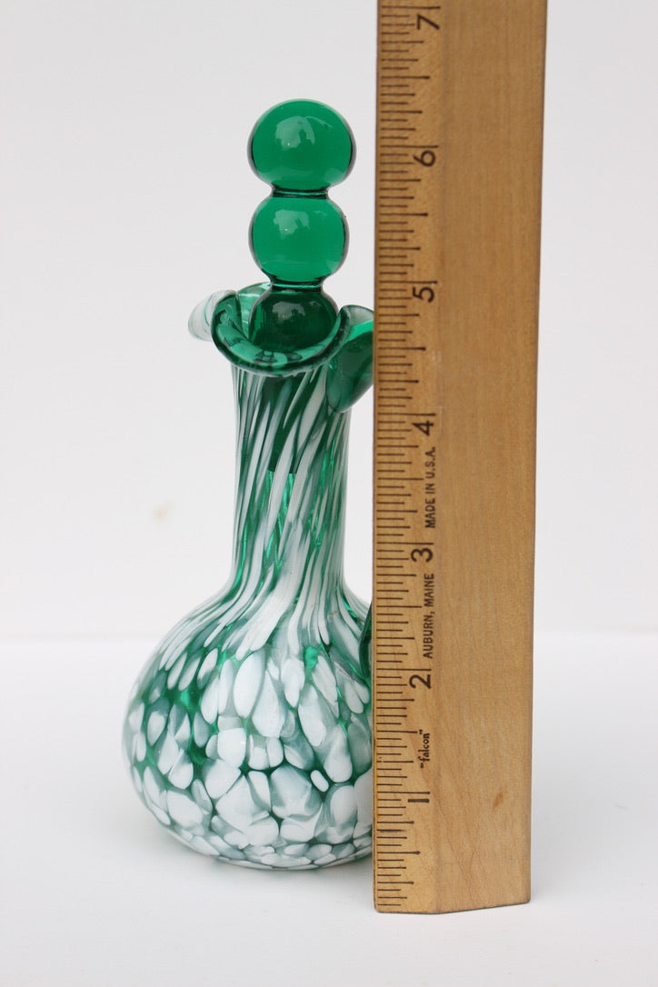 Dark green and white spatter glass cruet hand blown with glass stopper