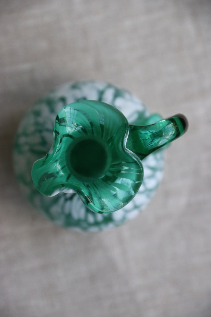 Dark green and white spatter glass cruet hand blown with glass stopper