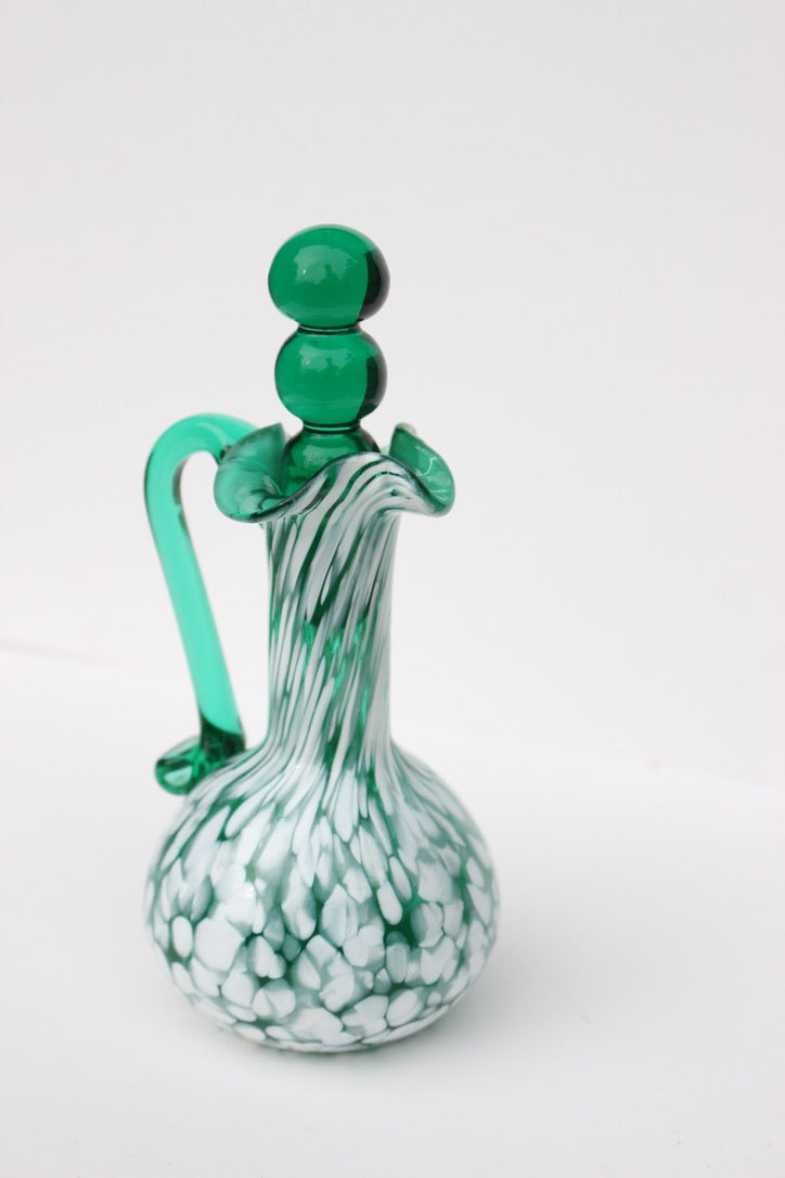 Dark green and white spatter glass cruet hand blown with glass stopper
