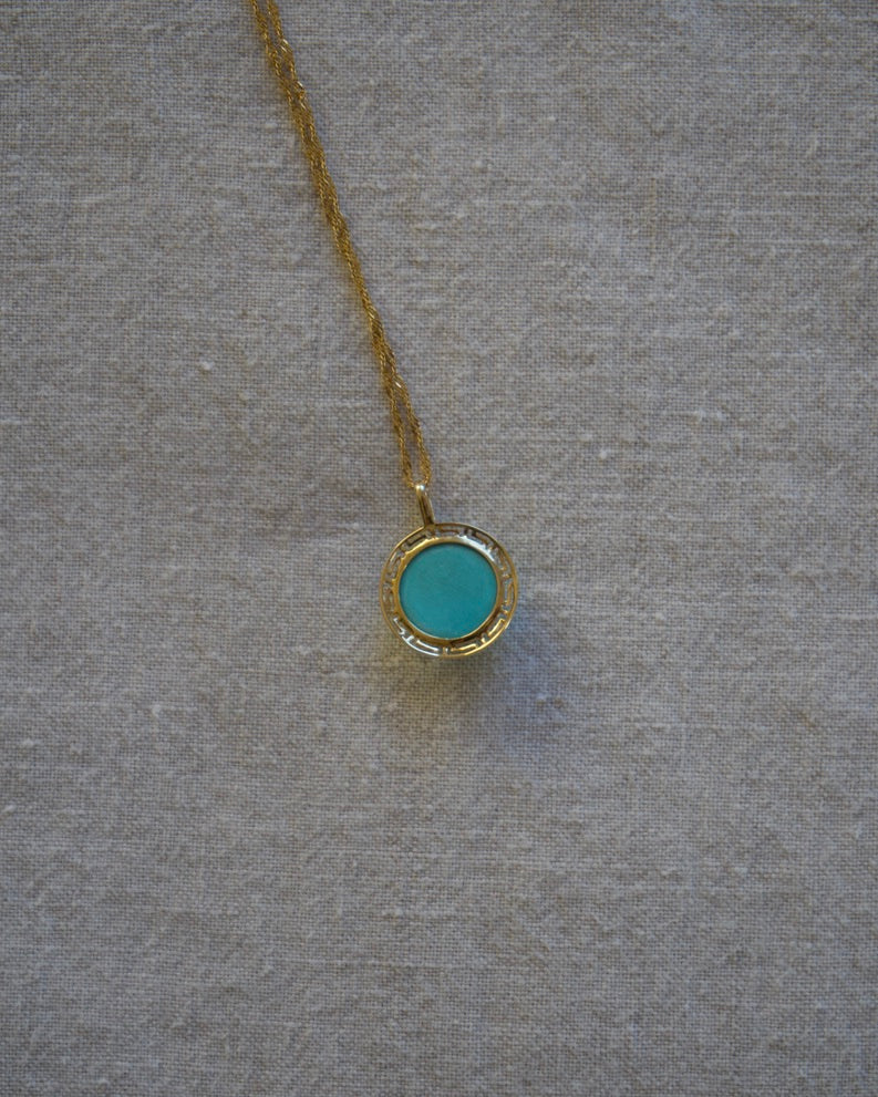 Turquoise Greek Key Pendant Necklace - 14K
