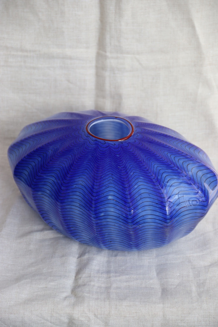 Blue Studio Art Glass Ruffled Oval Vase