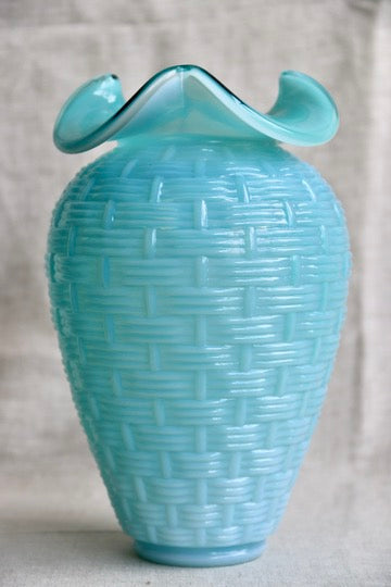Vintage Fenton Opaline Blue Basketweave Vase