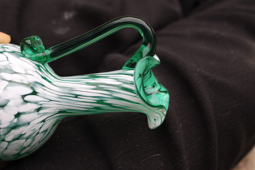 Dark green and white spatter glass cruet hand blown with glass stopper