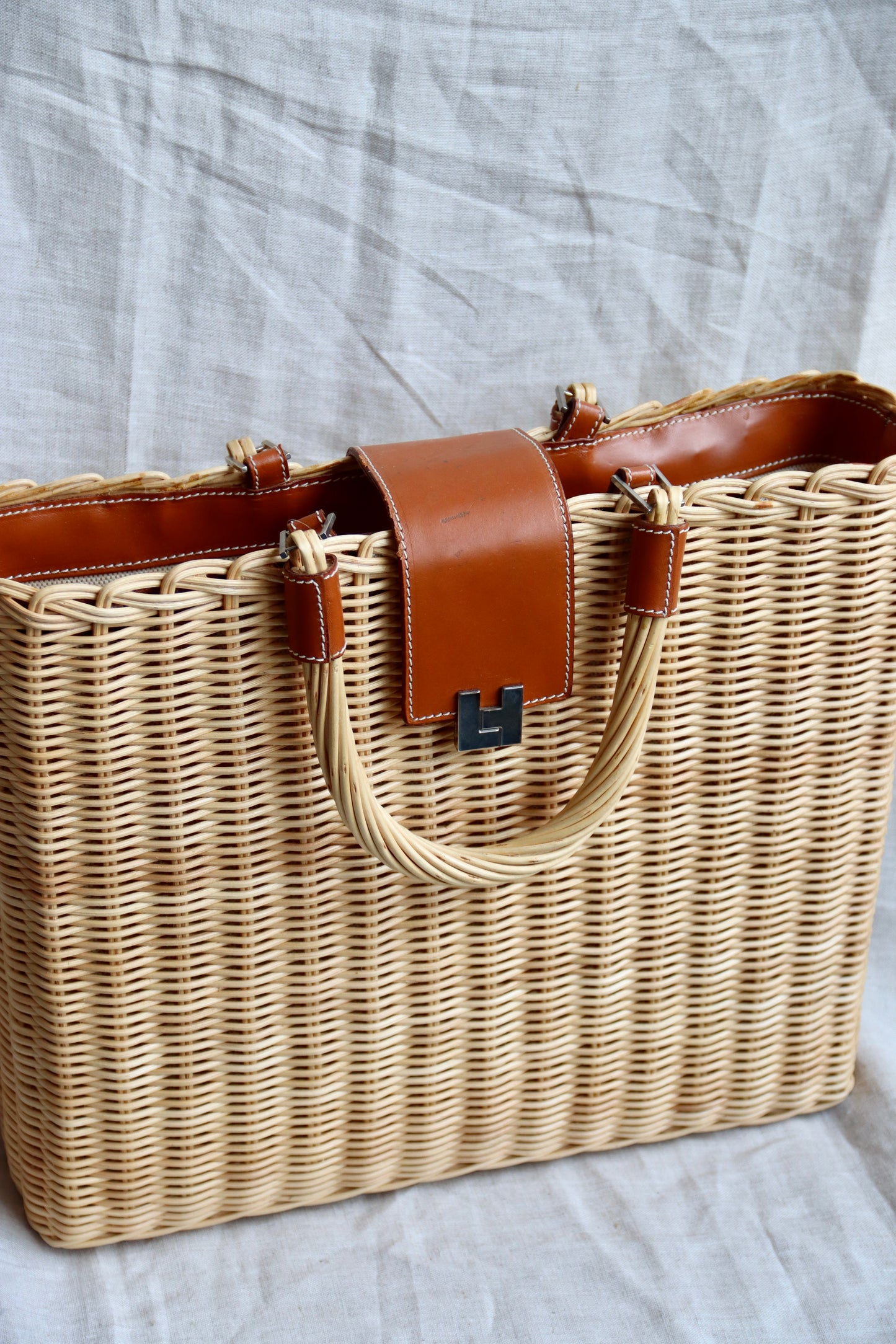 Lambertson Truex Leather Trimmed Woven Wicker Bag