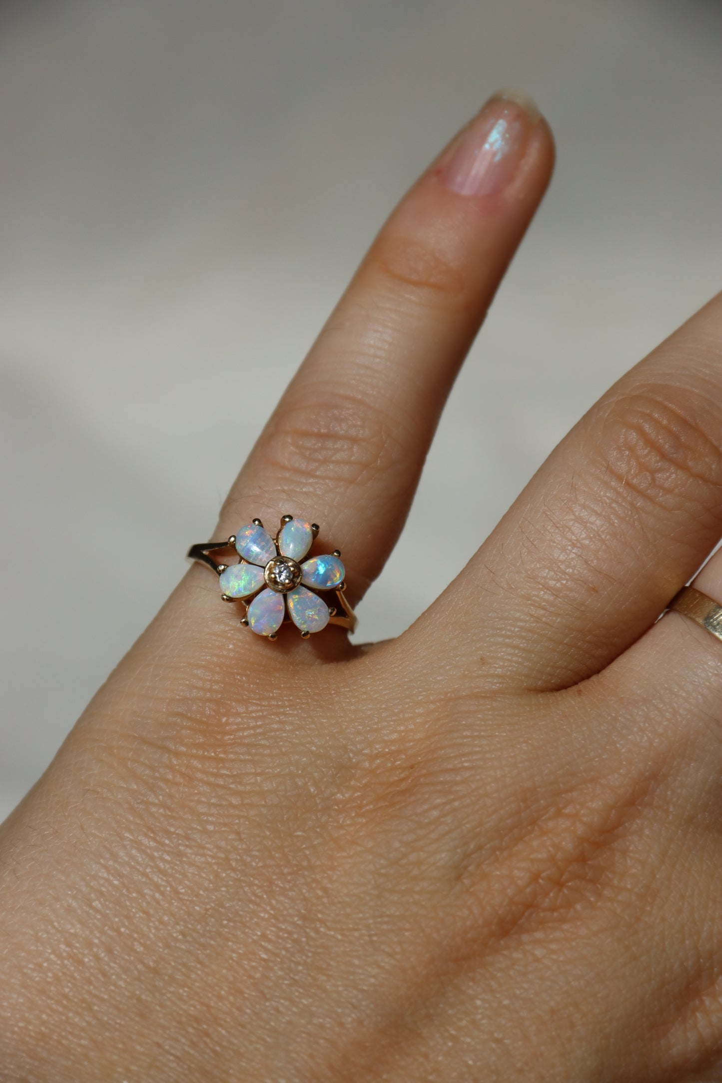 10K Yellow Gold Opal and Diamond Flower Ring