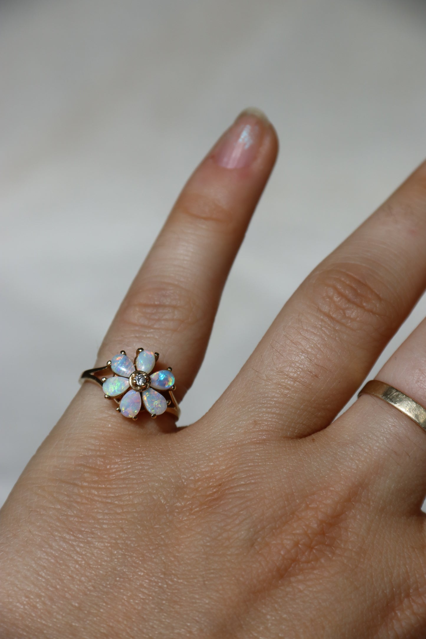 10K Yellow Gold Opal and Diamond Flower Ring