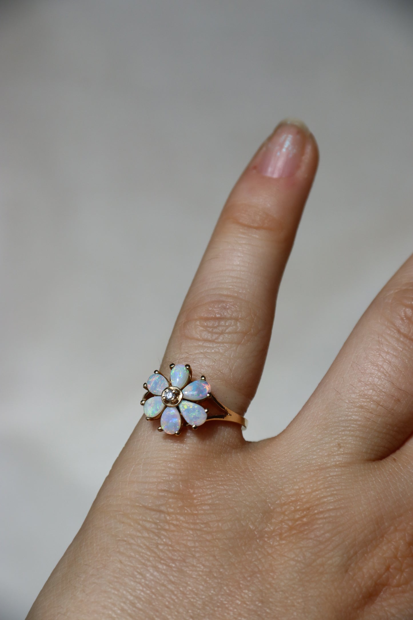 10K Yellow Gold Opal and Diamond Flower Ring