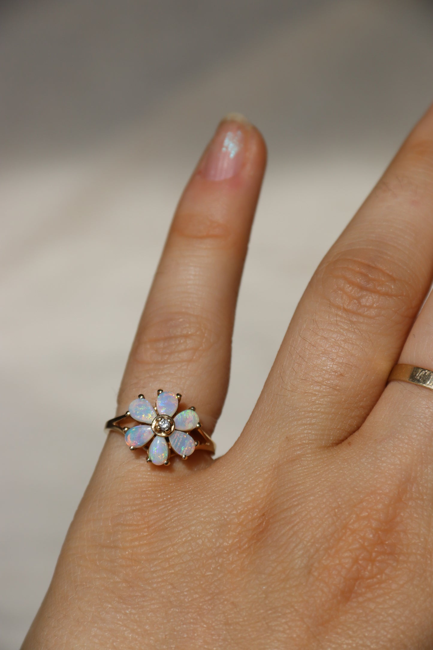 10K Yellow Gold Opal and Diamond Flower Ring