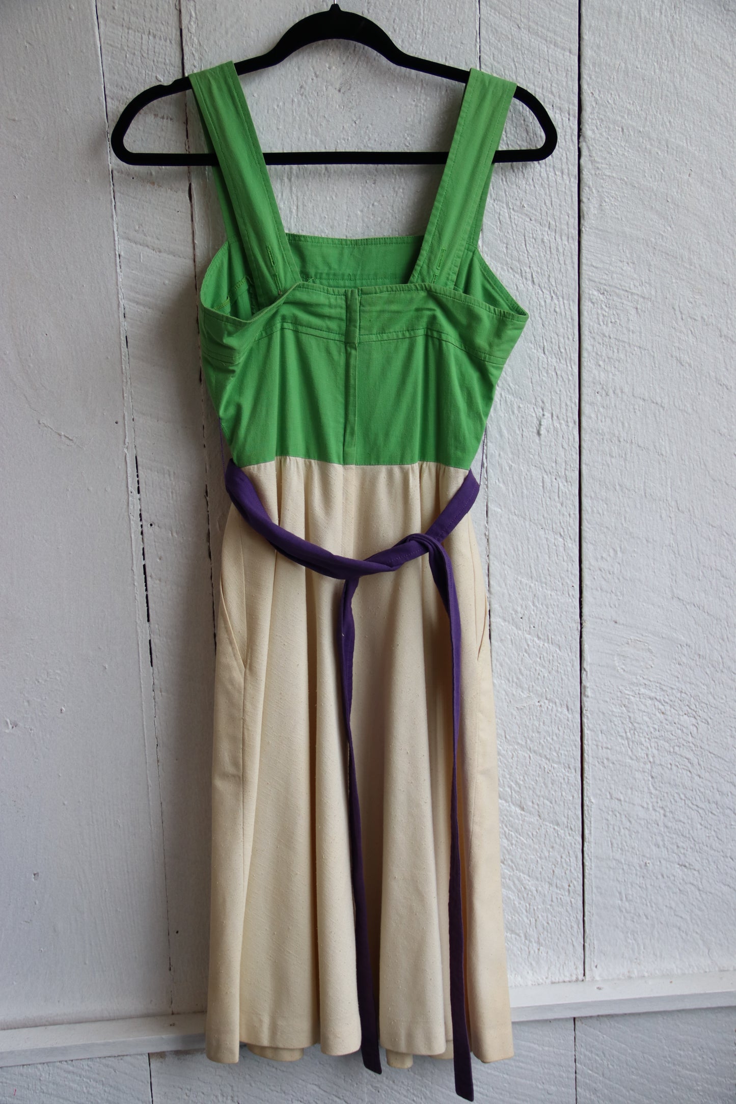Green and Cream Dress with Purple Belt