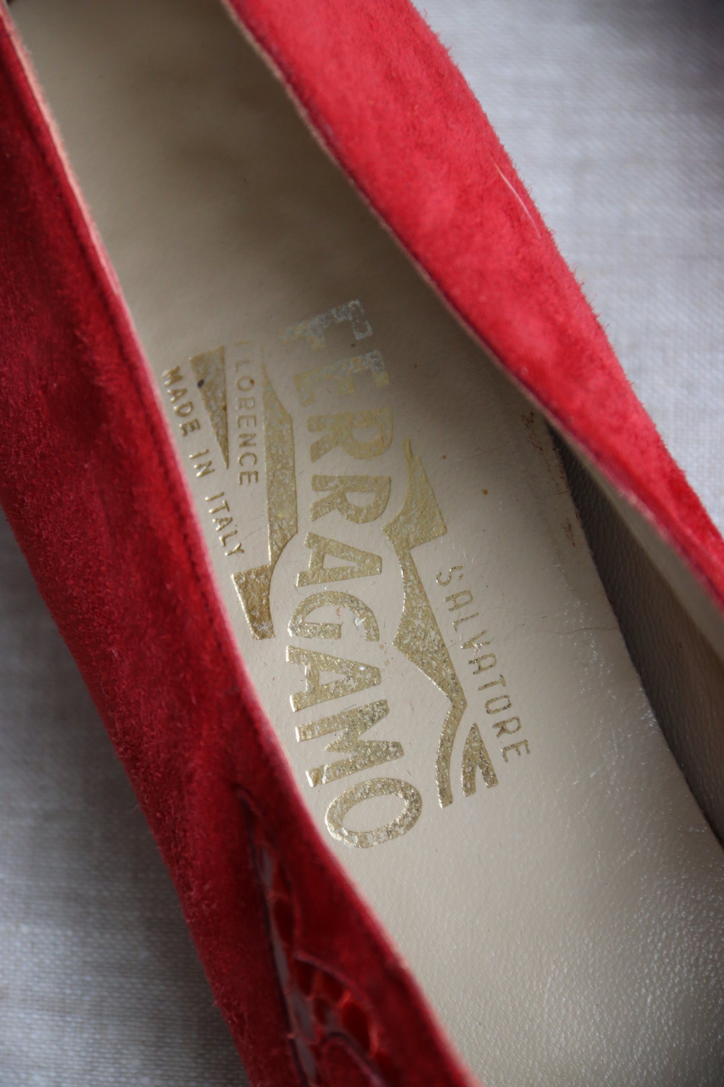Salvatore Ferragamo Red Suede Snake Flats