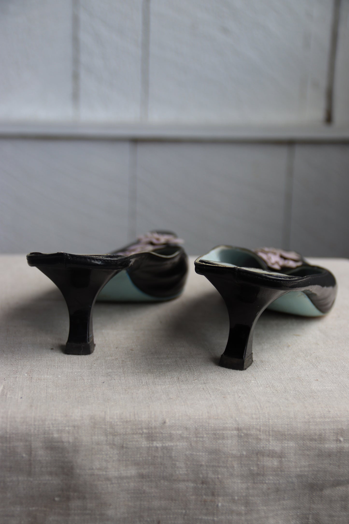 Mario Valentino Black Patent Leather Heels with Flowers