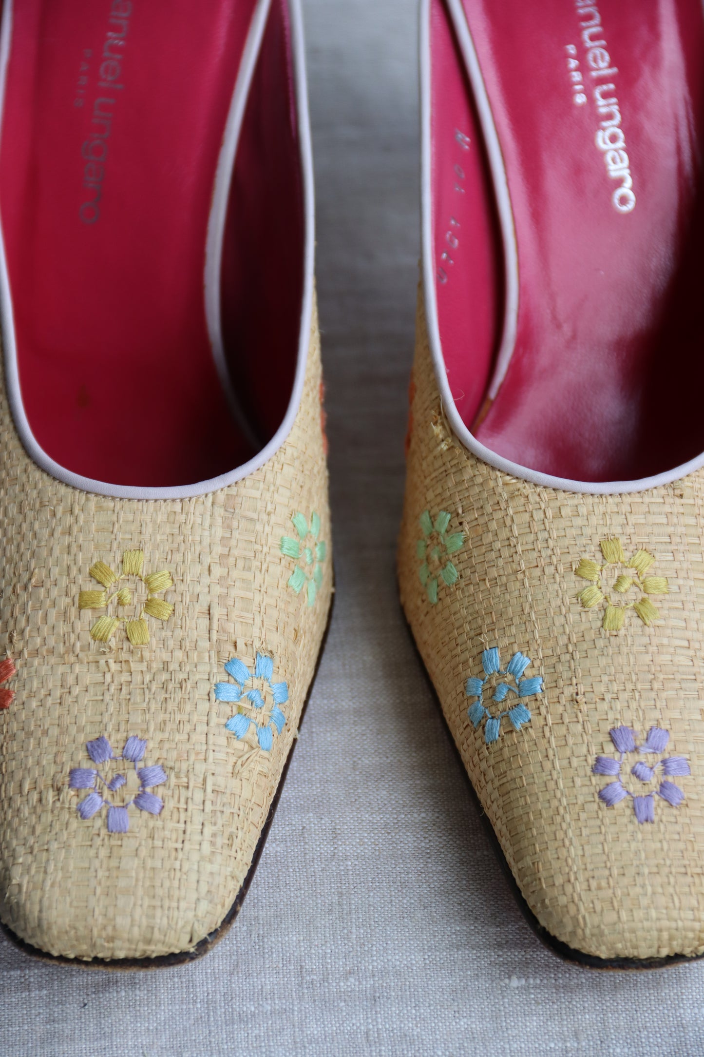 Emanuel Ungaro Straw Floral Heels