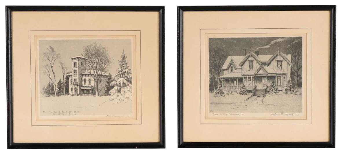 Set of Two Leon Rene Pescheret Offset Lithographs of Houses, Late 20th Century