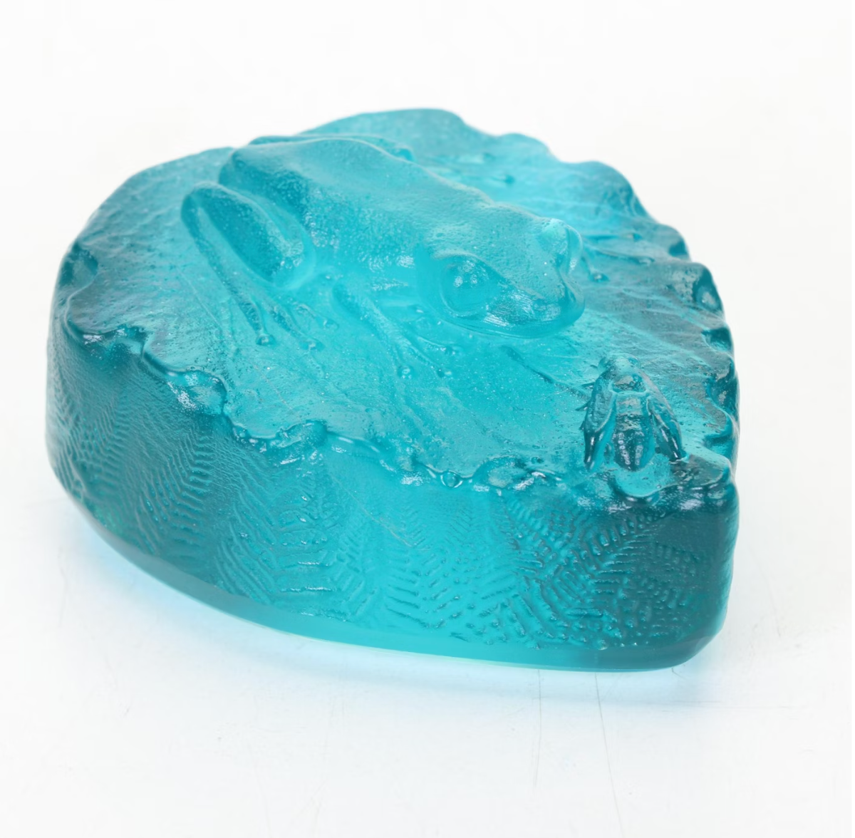 Robin Lehman Iridescent Aqua Blue Frog and Fly Glass Art Paperweight