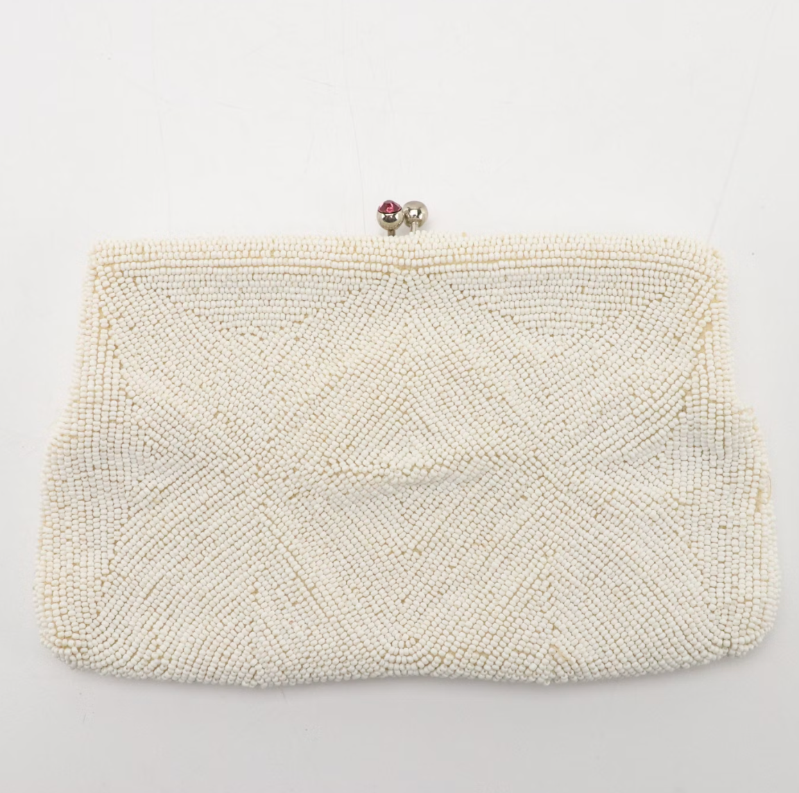 White Beaded Kisslock Clutch with Pink Rhinestones