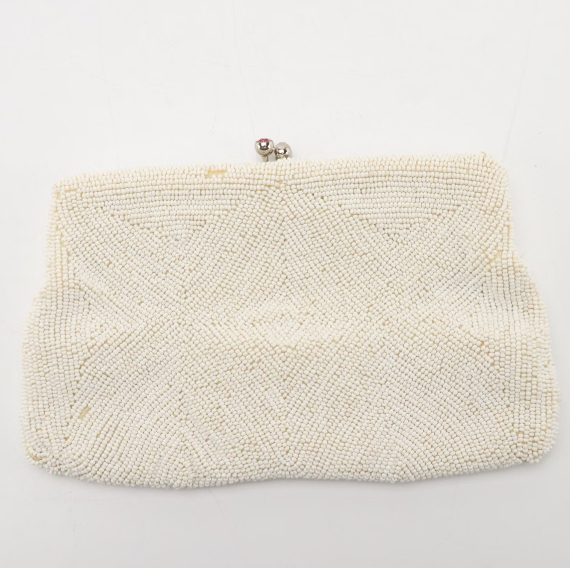 White Beaded Kisslock Clutch with Pink Rhinestones