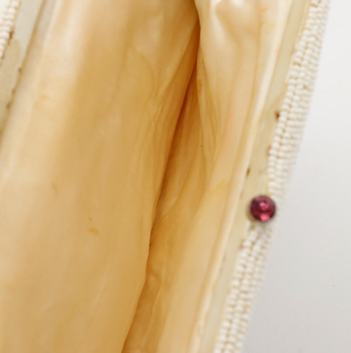 White Beaded Kisslock Clutch with Pink Rhinestones