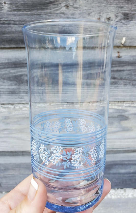 Set of 6 Libbey Light Blue Glasses with White Flowers and Blue Stripes