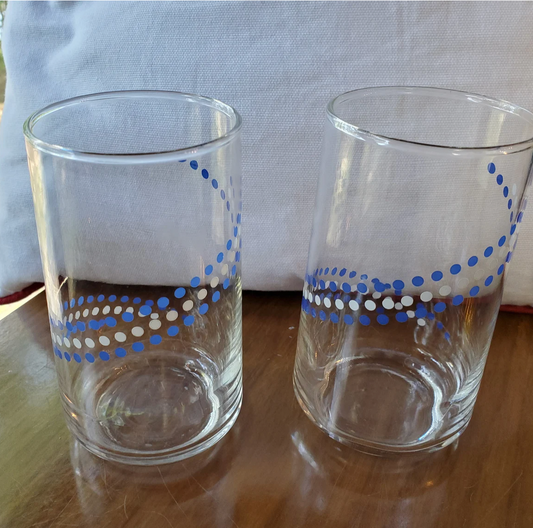 Set of 2 Libbey Glasses with Blue & White Polka Dot Swirl Design