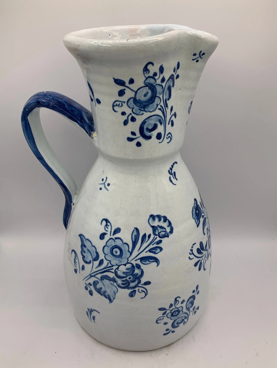 Vintage Blue and White Floral Ceramic Pitcher