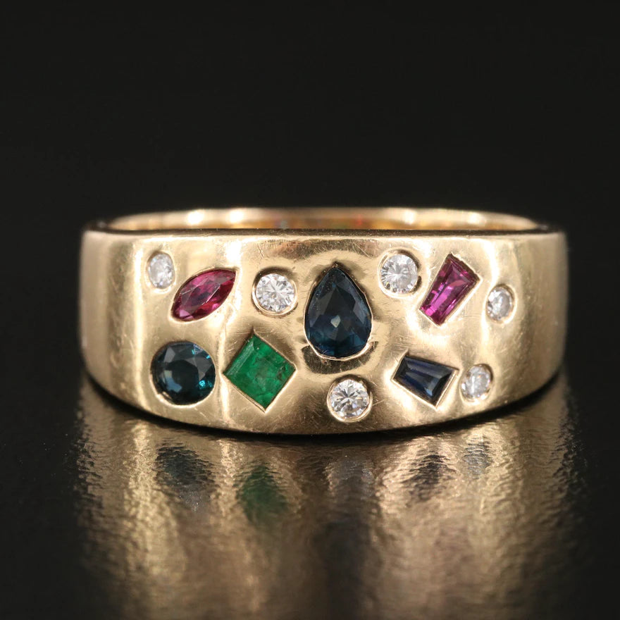Flush Set Ruby, Sapphire, Emerald and Diamond Ring -14K