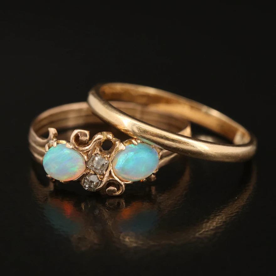 Antique 14K Gold Opal and Diamond Ring - as is