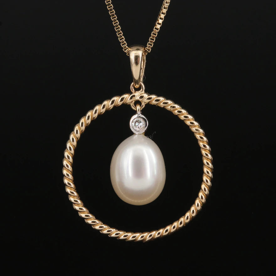Pearl and Diamond Circle Drop Pendant on Sterling Chain Necklace - 10K